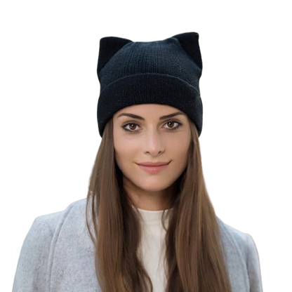 Elegante Schwarze Beanie-Mütze im Katzen-Look